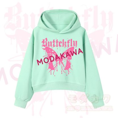 MODAKAWA Baumwoll-Hoodie mit Schmetterlingsmotiv (kurzer Schnitt) - Grün - 3XL - image 2
