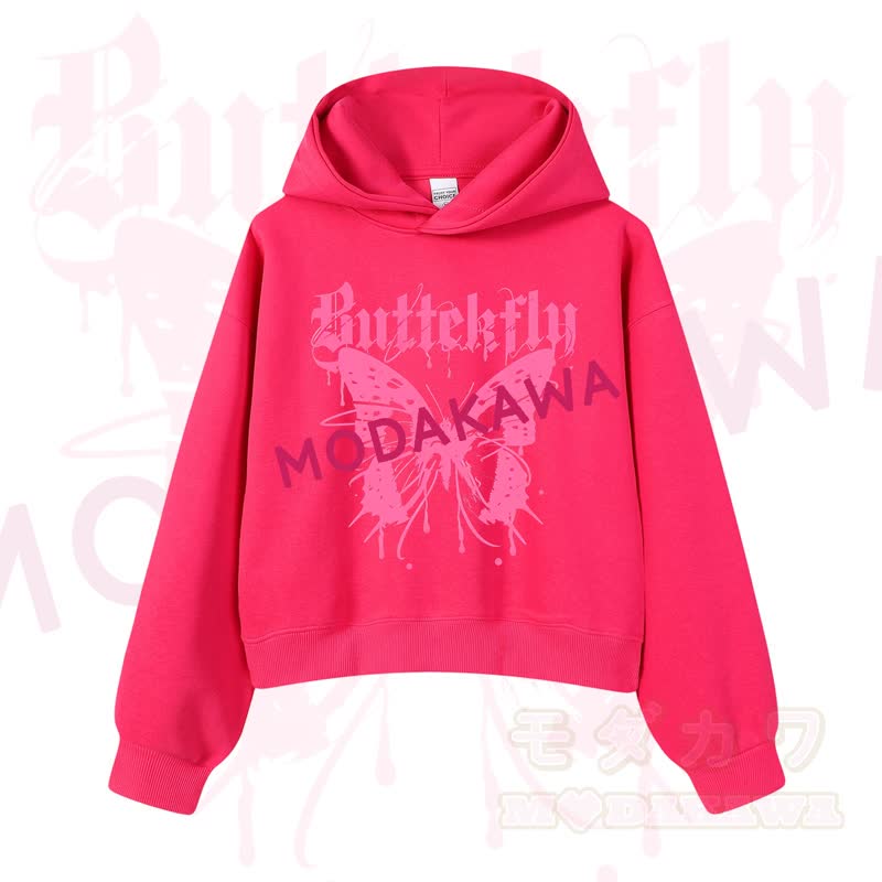 MODAKAWA Baumwoll-Hoodie mit Schmetterlingsmotiv (kurzer Schnitt) - Rose - 3XL - image 6