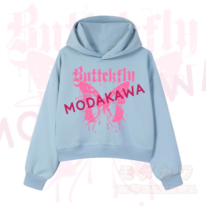 MODAKAWA Baumwoll-Hoodie mit Schmetterlingsmotiv (kurzer Schnitt) - Blau - 3XL - image 5