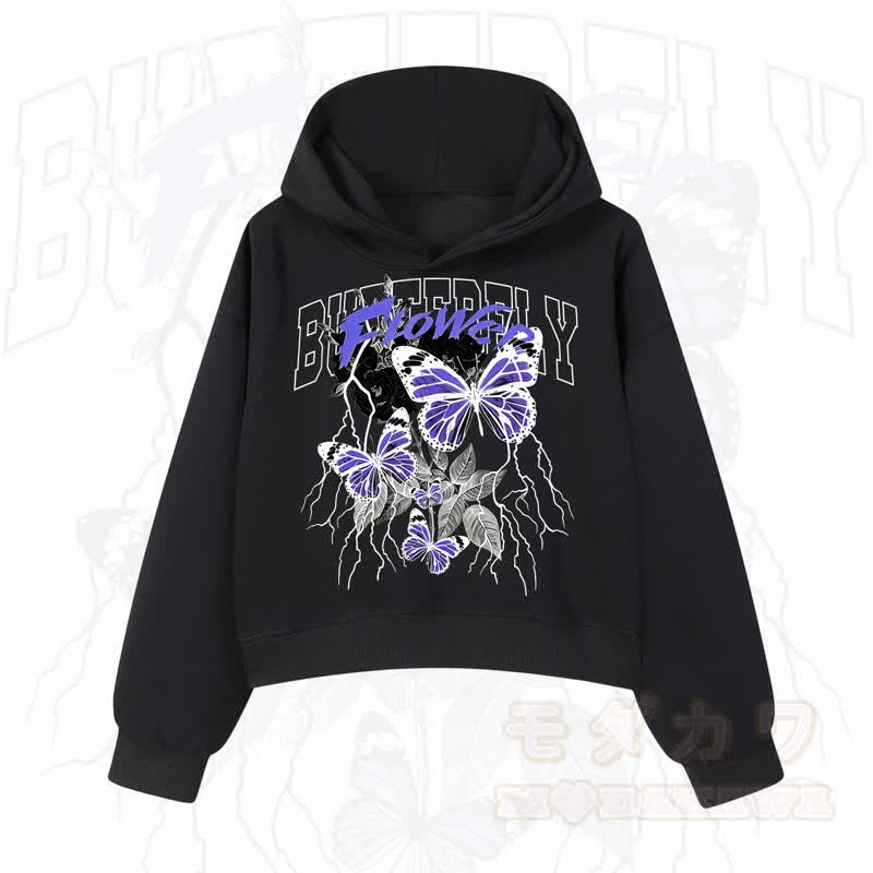 MODAKAWA BUTTERFLY FLOWER Cropped Cotton Hoodie - Schwarz - 3XL - image 1