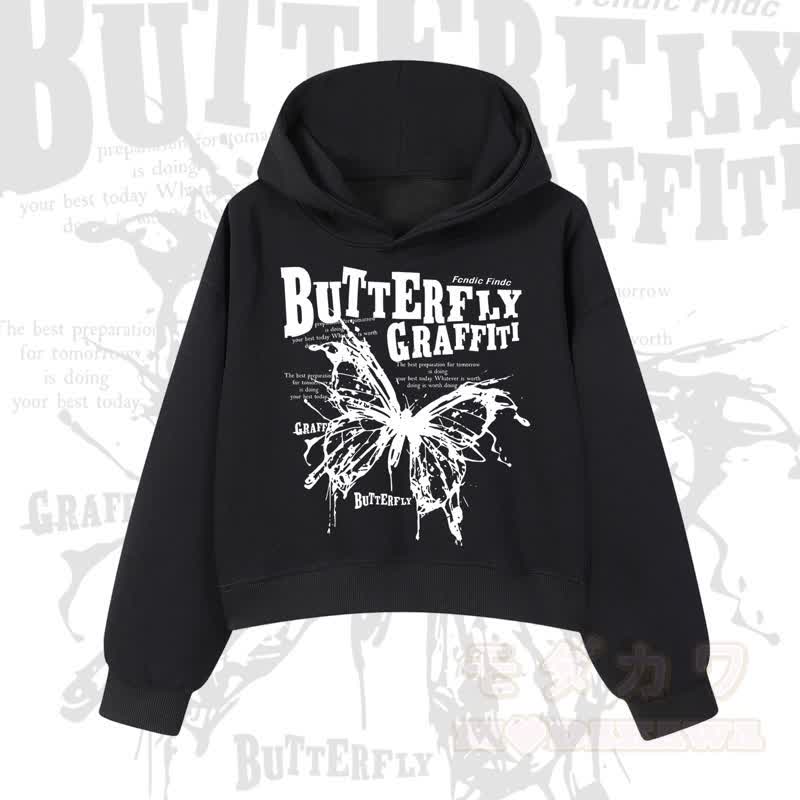 MODAKAWA BUTTERFLY GRAFFITI Cropped Cotton Hoodie - Schwarz - 3XL - image 3