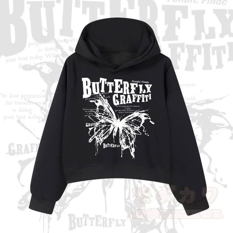 MODAKAWA BUTTERFLY GRAFFITI Cropped Cotton Hoodie - Schwarz - 3XL - image 3