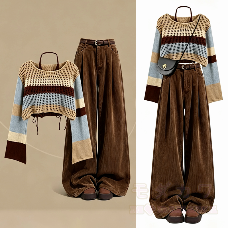 Zweiteiliges Set: Strickoberteil mit Farben -Muster und Cordhose mit Lochmuster - Satz - XL - image 1