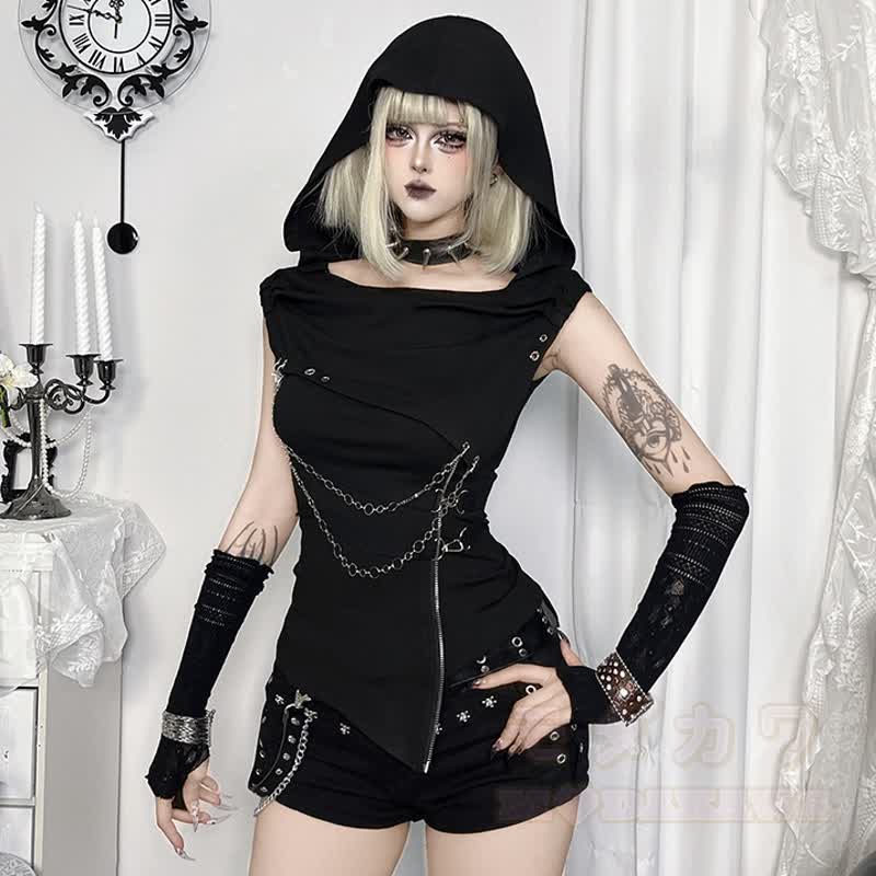 Ärmelloses Top im Gothic-Stil mit drapiertem Kragen und Metallkettenverzierung - Schwarz - L - image 1