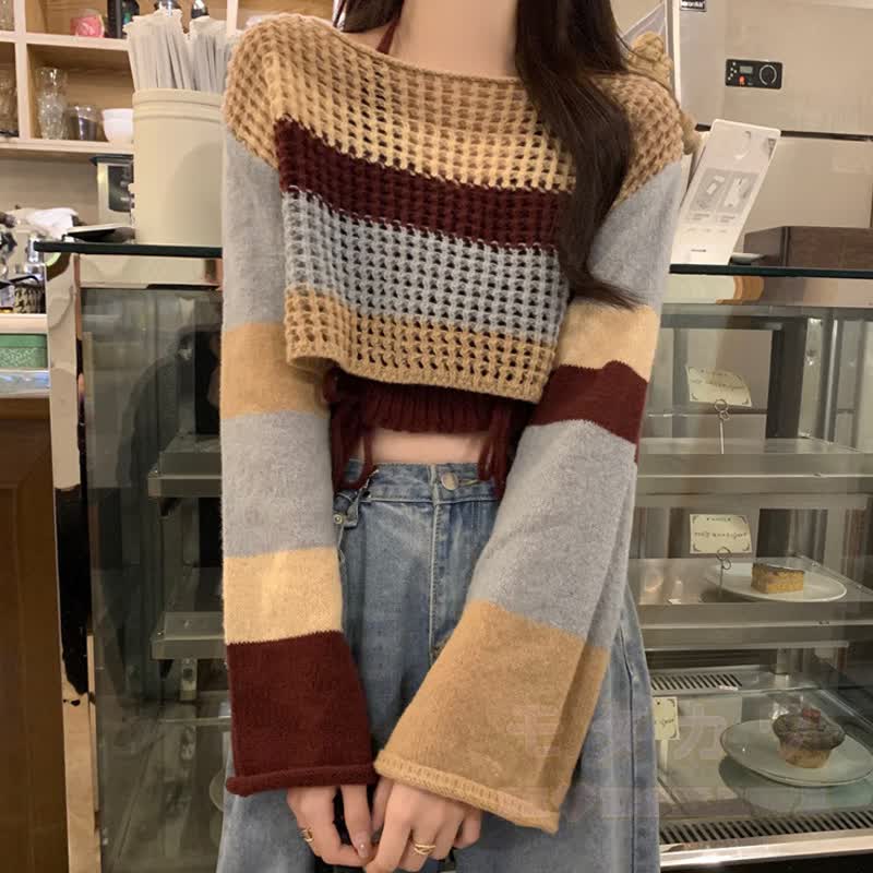 Zweiteiliges Set: Strickoberteil mit Farben -Muster und Cordhose mit Lochmuster - image 2