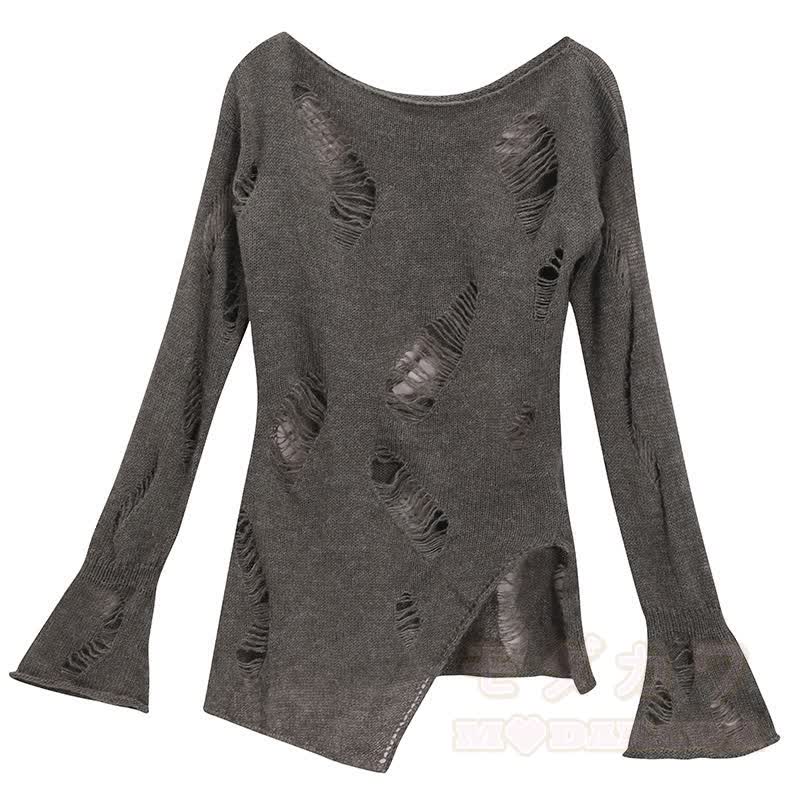 Zweiteiliges Set aus zerrissenem, asymmetrischem Strickoberteil mit langen Ärmeln und ausgestellten Jeans - Spitze - 3XL - image 3