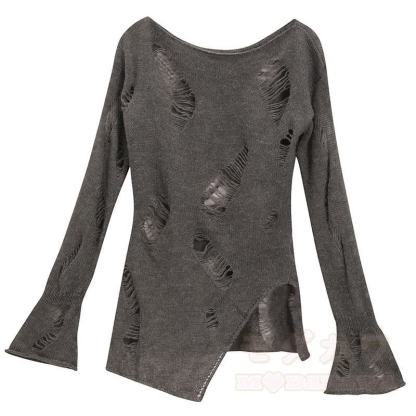 Zweiteiliges Set aus zerrissenem, asymmetrischem Strickoberteil mit langen Ärmeln und ausgestellten Jeans - Spitze - 3XL - image 3