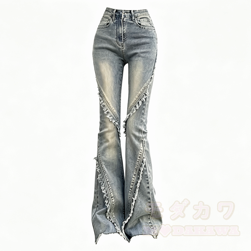 Zweiteiliges Set aus zerrissenem, asymmetrischem Strickoberteil mit langen Ärmeln und ausgestellten Jeans - Hose - 3XL - image 5