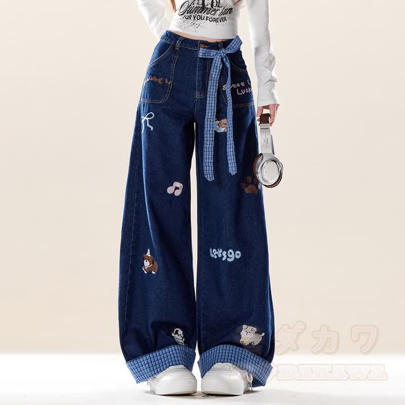 Vintage-Cartoon-Welpen-Stickerei, karierte Jeans mit weitem Bein, Jeans mit weitem Bein und kariertem Bein - image 1