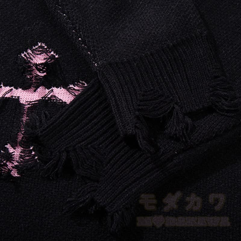 Dunkelblauer, modischer Strickpullover mit Kreuzmuster, Fransen und Used- Farben in Farbblockoptik - image 5