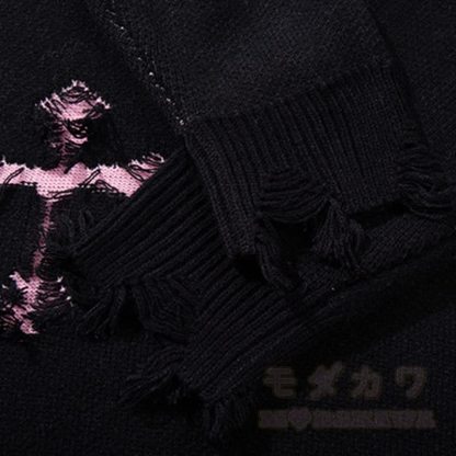 Dunkelblauer, modischer Strickpullover mit Kreuzmuster, Fransen und Used- Farben in Farbblockoptik - image 5