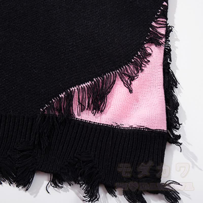 Dunkelblauer, modischer Strickpullover mit Kreuzmuster, Fransen und Used- Farben in Farbblockoptik - image 3