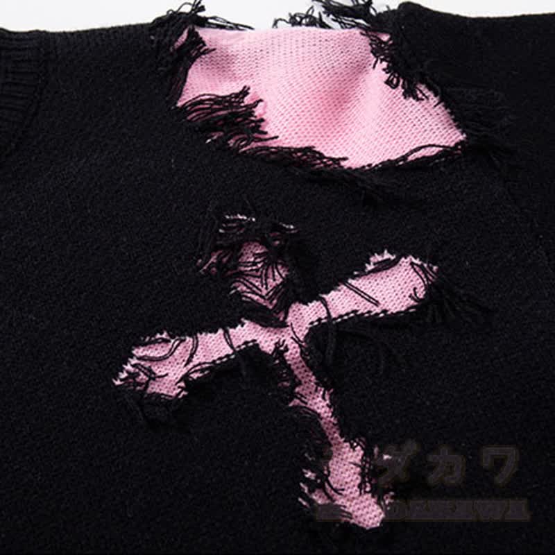 Dunkelblauer, modischer Strickpullover mit Kreuzmuster, Fransen und Used- Farben in Farbblockoptik - image 2