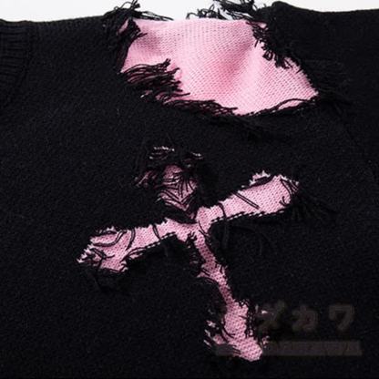 Dunkelblauer, modischer Strickpullover mit Kreuzmuster, Fransen und Used- Farben in Farbblockoptik - image 2
