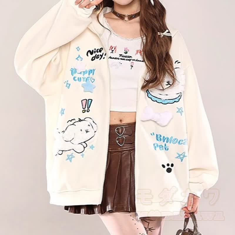 Kawaii Welpenstickerei, lockerer Kapuzenpullover mit Reißverschluss, lockere Passform - image 5
