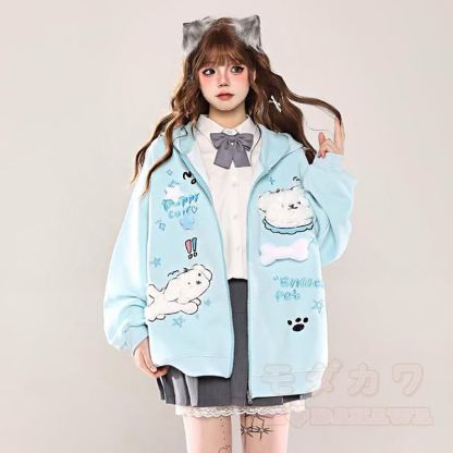 Kawaii Welpenstickerei, lockerer Kapuzenpullover mit Reißverschluss, lockere Passform - image 2