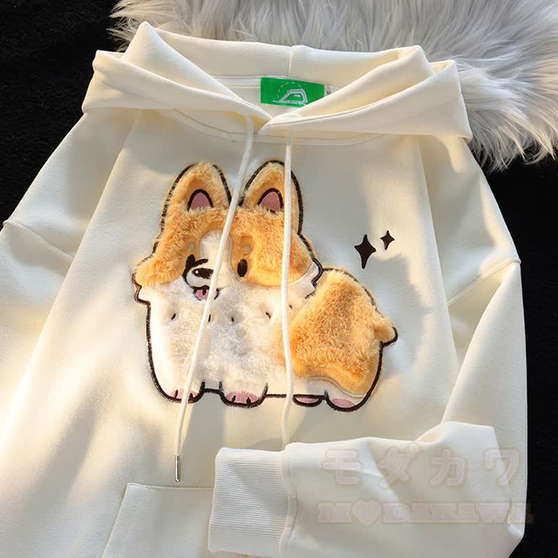 Niedlicher Kapuzenpullover mit Welpenstickerei, lässig und locker geschnitten - Aprikose - XL - image 1