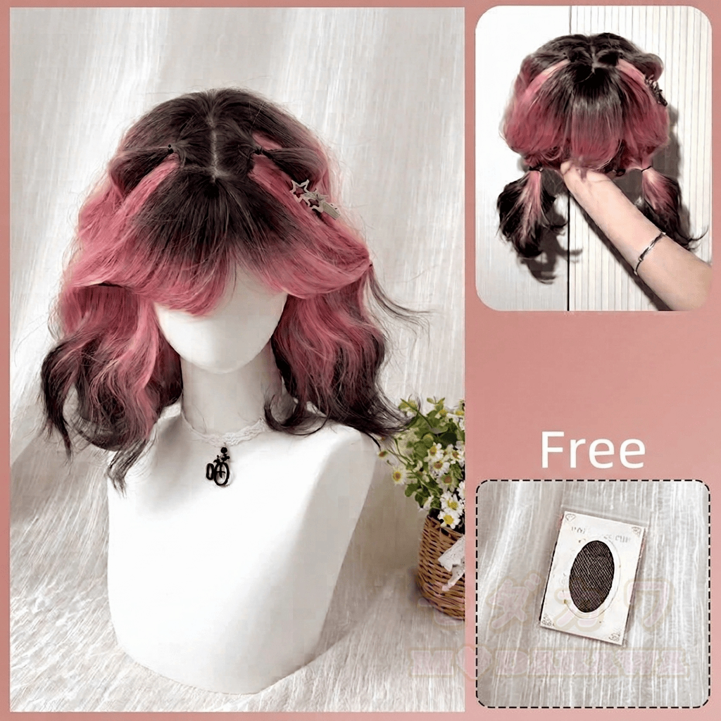 Lolita Glueless Pre-Bleached Knots Wear & Go Synthetische gewellte Bob-Perücke - Schwarz & Rosa - One Size - image 4