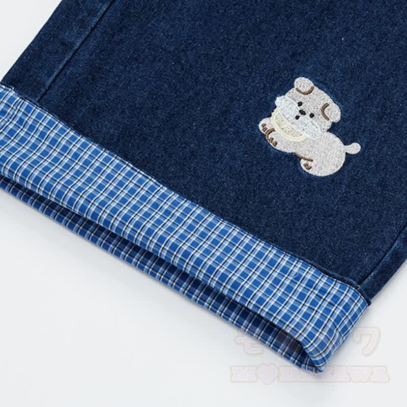 Vintage-Cartoon-Welpen-Stickerei, karierte Jeans mit weitem Bein, Jeans mit weitem Bein und kariertem Bein - image 8
