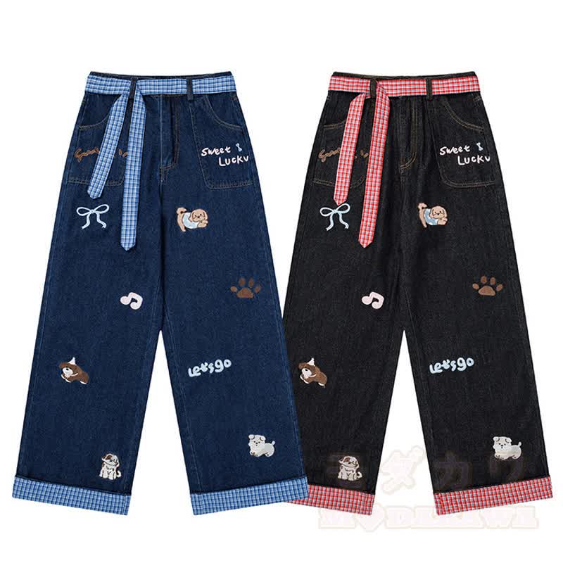 Vintage-Cartoon-Welpen-Stickerei, karierte Jeans mit weitem Bein, Jeans mit weitem Bein und kariertem Bein - image 4