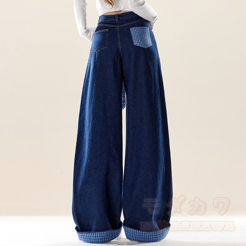 Vintage-Cartoon-Welpen-Stickerei, karierte Jeans mit weitem Bein, Jeans mit weitem Bein und kariertem Bein - image 3