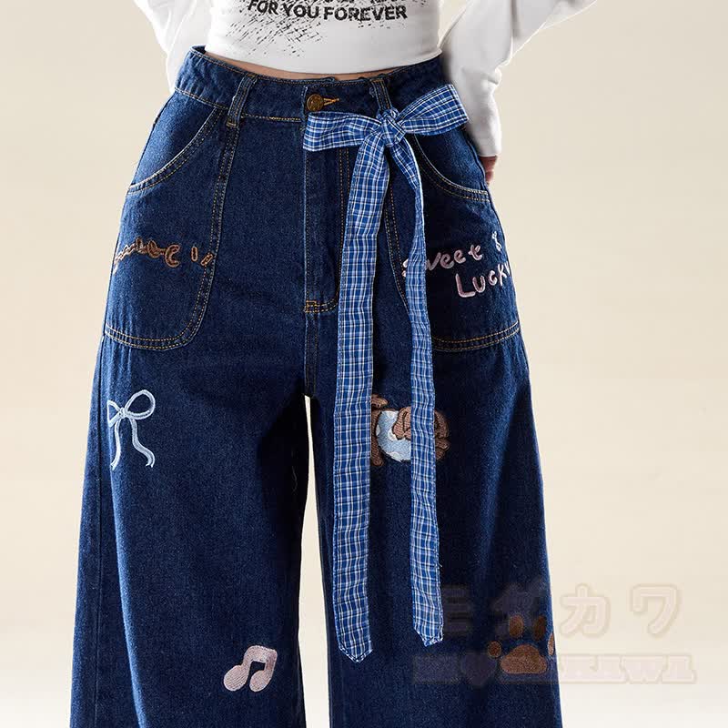 Vintage-Cartoon-Welpen-Stickerei, karierte Jeans mit weitem Bein, Jeans mit weitem Bein und kariertem Bein - image 2