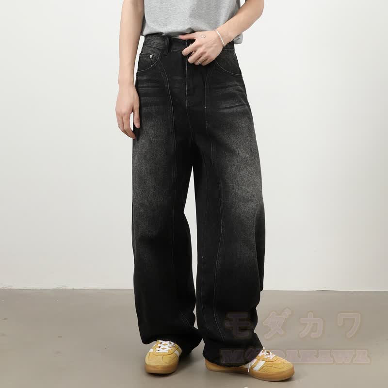 Vintage Washed Spliced ​​Wide Leg Loose Denim Jeans - image 5