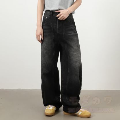 Vintage Washed Spliced ​​Wide Leg Loose Denim Jeans - image 5