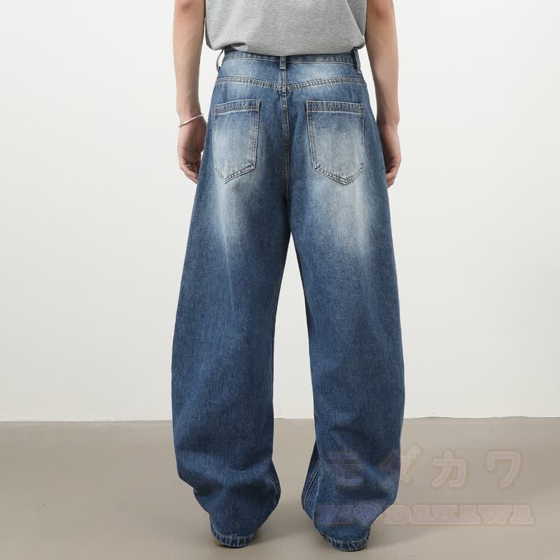 Vintage Washed Spliced ​​Wide Leg Loose Denim Jeans - image 3