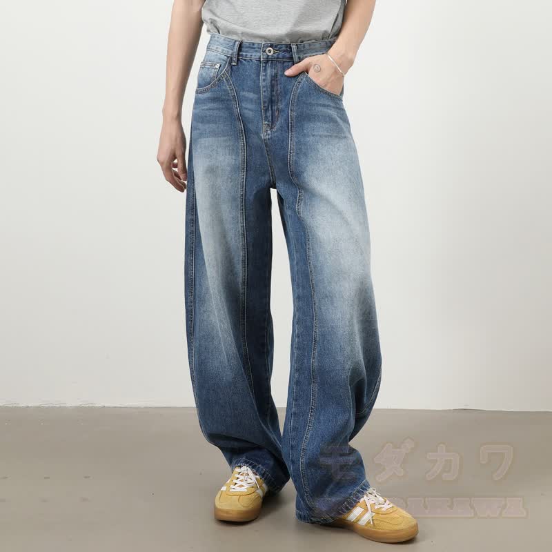 Vintage Washed Spliced ​​Wide Leg Loose Denim Jeans - image 2