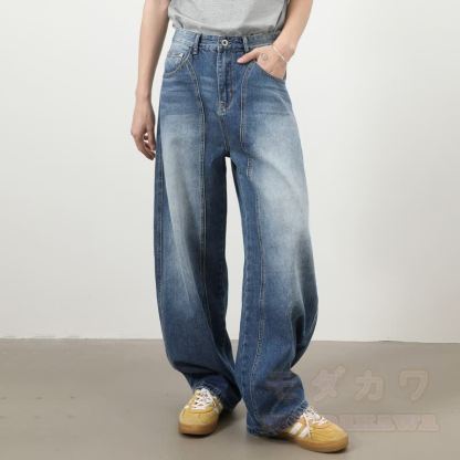 Vintage Washed Spliced ​​Wide Leg Loose Denim Jeans - image 2