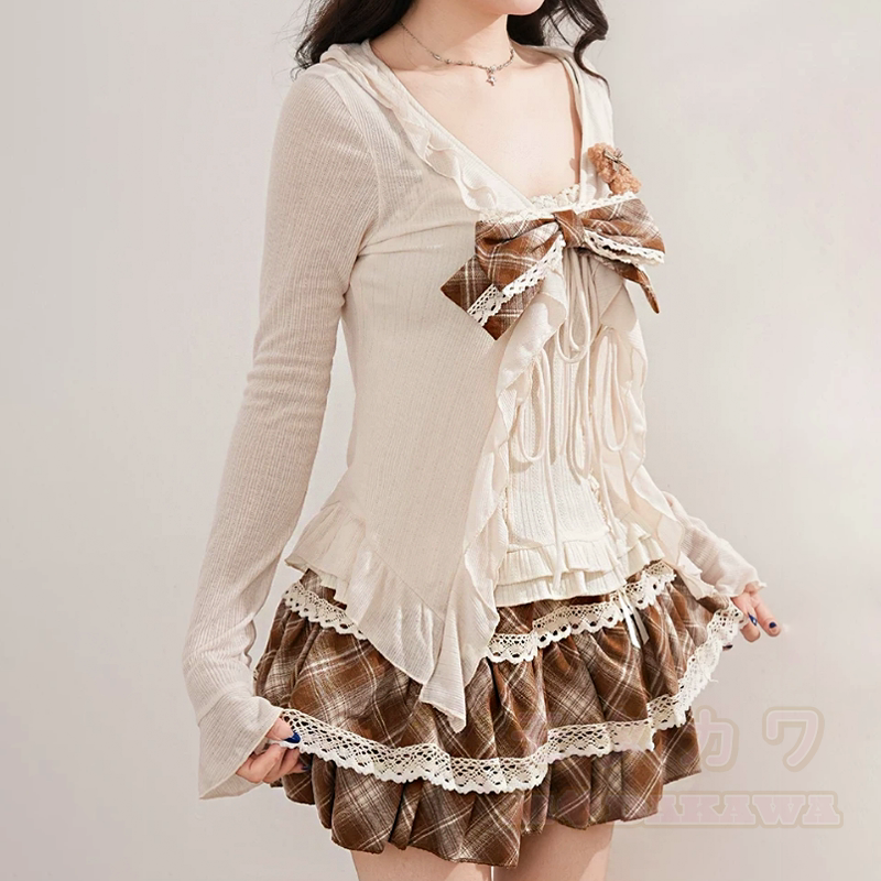 Vintage Rüschen-Cardigan mit langen Ärmeln, kariertes Top mit Schleife, karierter Spitzenrock, dreiteiliges Set - image 4