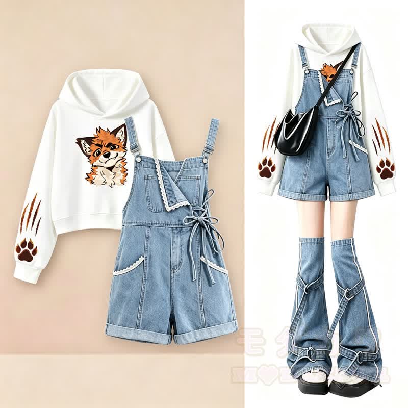 Niedliches Set aus Hoodie und Jeans-Latzhose mit Fuchspfotenabdruck (zweiteilig) - image 4