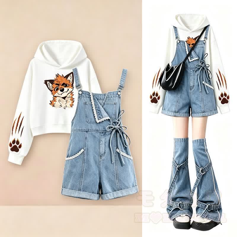 Niedliches Set aus Hoodie und Jeans-Latzhose mit Fuchspfotenabdruck (zweiteilig) - image 4