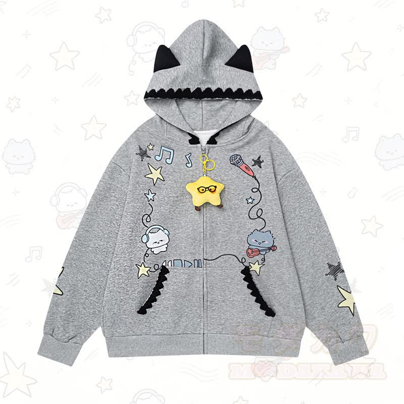 Niedlicher Kapuzenpullover mit Katzenohren, Reißverschluss, Musiknoten-Katzenprint und Spitzenbesatz - Grau - L - image 1