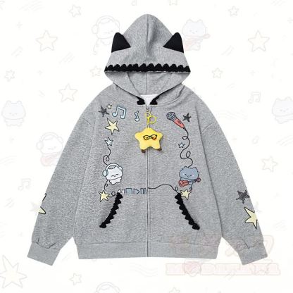 Niedlicher Kapuzenpullover mit Katzenohren, Reißverschluss, Musiknoten-Katzenprint und Spitzenbesatz - Grau - L - image 1