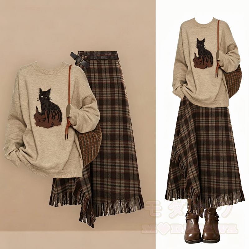 Zweiteiliges Set: Strickpullover mit Katzenprint und Rundhalsausschnitt, Fransenrock mit Karomuster - Satz - 3XL - image 1
