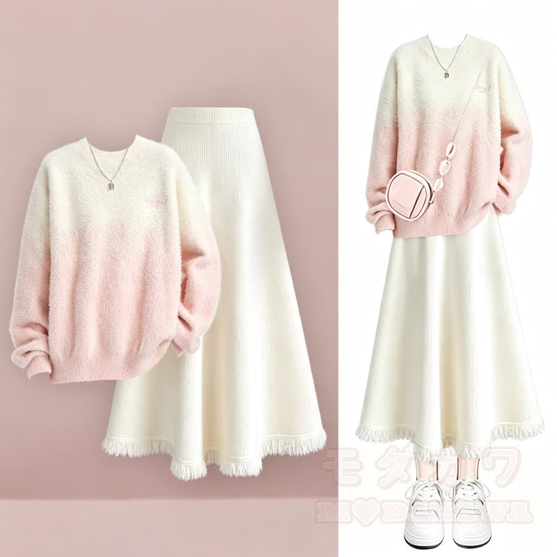 Elegantes zweiteiliges Set aus Strickpullover mit Farbverlauf und Fransenrock - Satz - 4XL - image 1