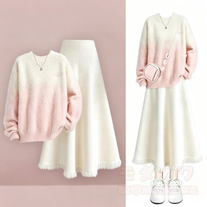 Elegantes zweiteiliges Set aus Strickpullover mit Farbverlauf und Fransenrock - Satz - 4XL - image 1