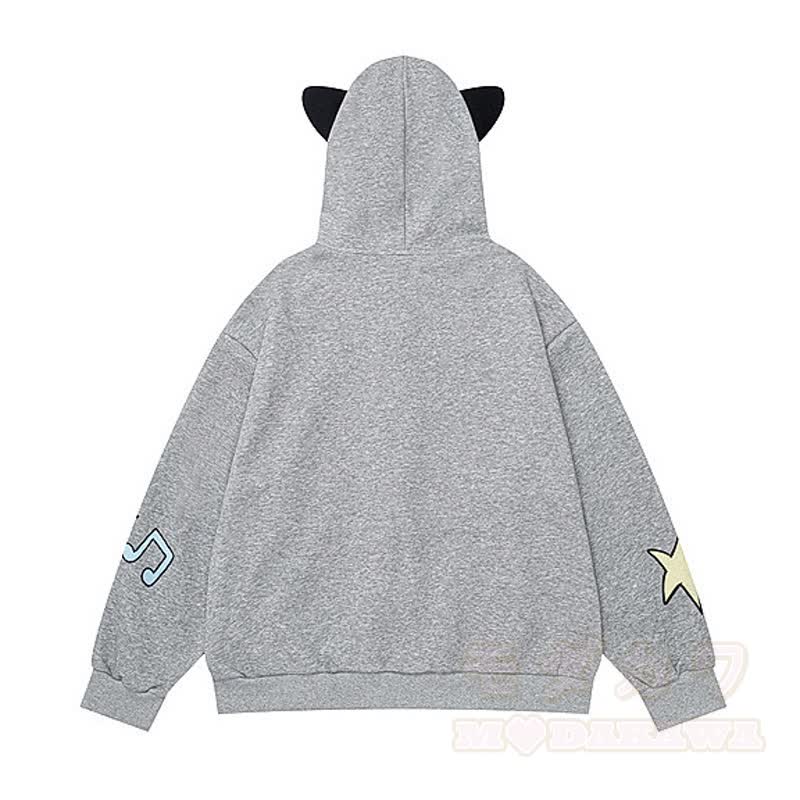 Niedlicher Kapuzenpullover mit Katzenohren, Reißverschluss, Musiknoten-Katzenprint und Spitzenbesatz - image 2
