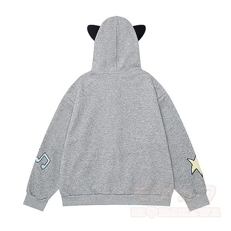 Niedlicher Kapuzenpullover mit Katzenohren, Reißverschluss, Musiknoten-Katzenprint und Spitzenbesatz - image 2