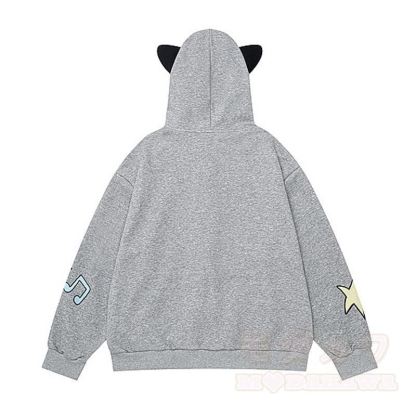 Niedlicher Kapuzenpullover mit Katzenohren, Reißverschluss, Musiknoten-Katzenprint und Spitzenbesatz - image 2