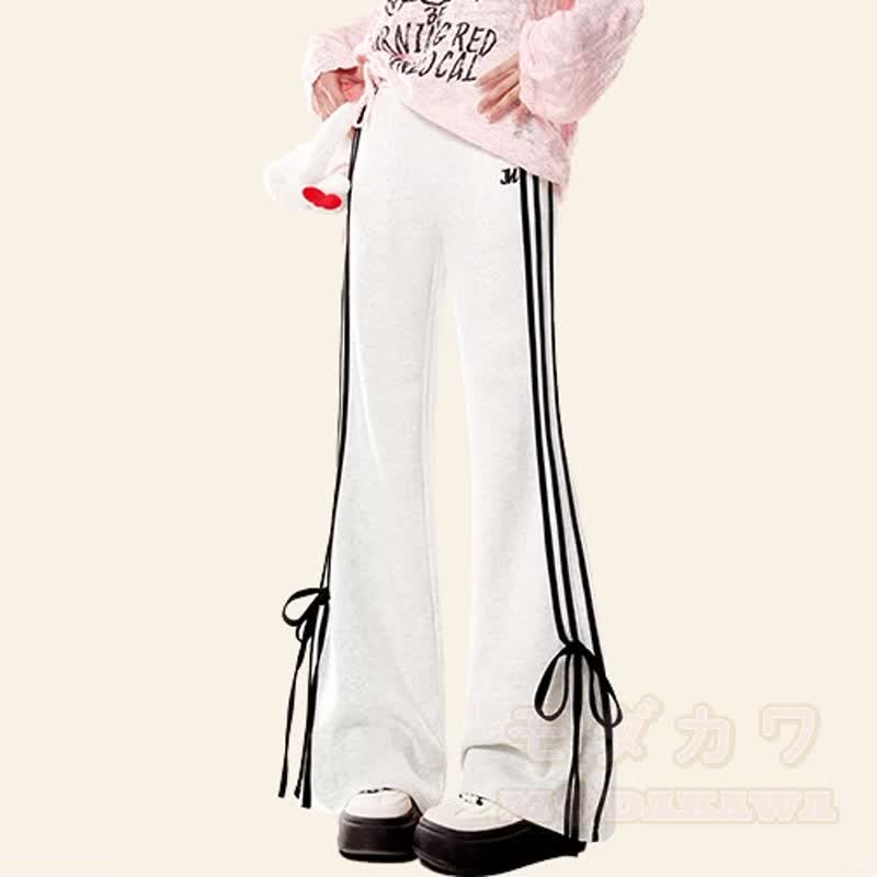 Lässige, schmal geschnittene lange Hose mit Streifen und seitlicher Schleife - Weiß - L - image 3