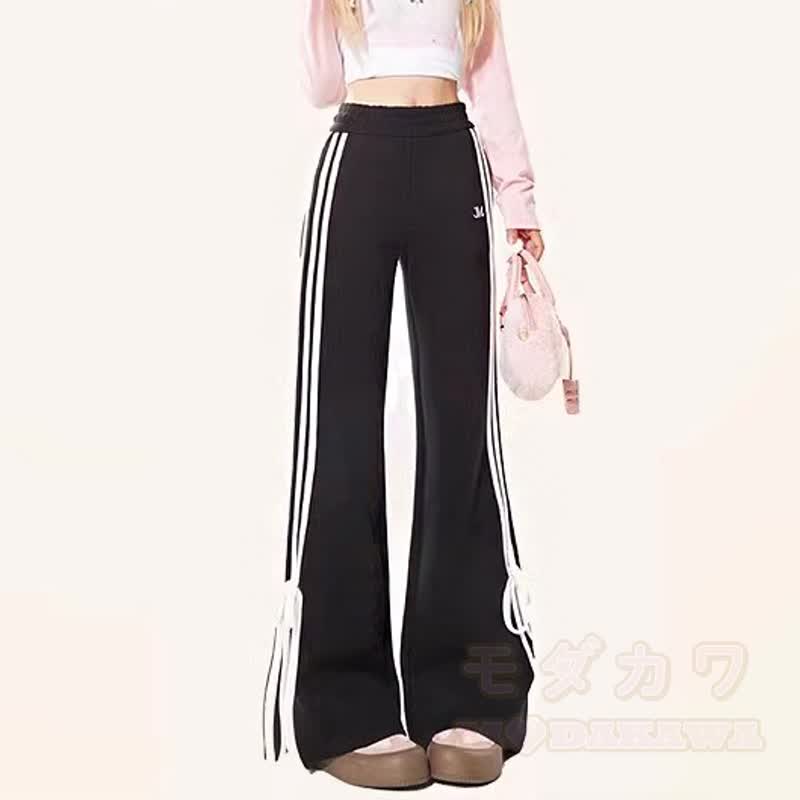 Lässige, schmal geschnittene lange Hose mit Streifen und seitlicher Schleife - Schwarz - L - image 2