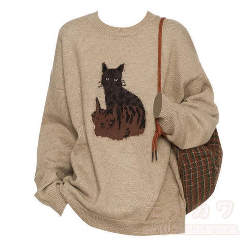 Zweiteiliges Set: Strickpullover mit Katzenprint und Rundhalsausschnitt, Fransenrock mit Karomuster - Spitze - 3XL - image 4