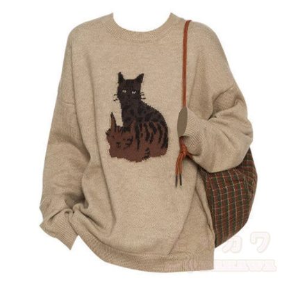 Zweiteiliges Set: Strickpullover mit Katzenprint und Rundhalsausschnitt, Fransenrock mit Karomuster - Spitze - 3XL - image 4
