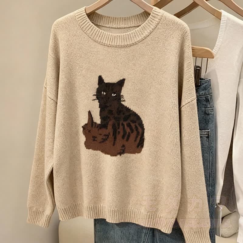 Zweiteiliges Set: Strickpullover mit Katzenprint und Rundhalsausschnitt, Fransenrock mit Karomuster - image 2