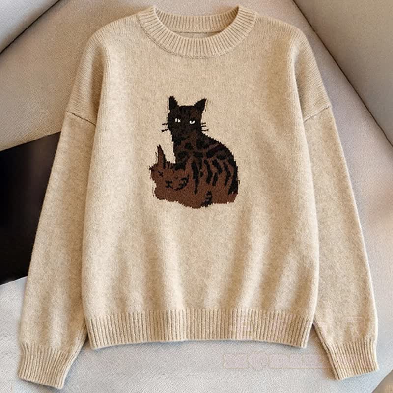 Zweiteiliges Set: Strickpullover mit Katzenprint und Rundhalsausschnitt, Fransenrock mit Karomuster - image 3