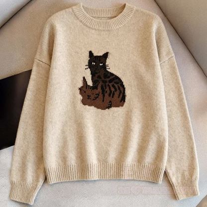 Zweiteiliges Set: Strickpullover mit Katzenprint und Rundhalsausschnitt, Fransenrock mit Karomuster - image 3