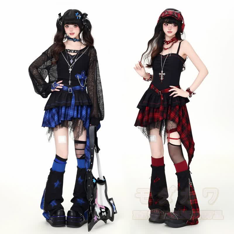 Gothic-Mesh-Langarmtop und unregelmäßig kariertes Kleid, zweiteiliges Set - image 1